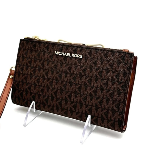 Michael Kors Double Zip Wallet Wristlet Brown/Gold Leather (NWT) - Picture 1 of 7